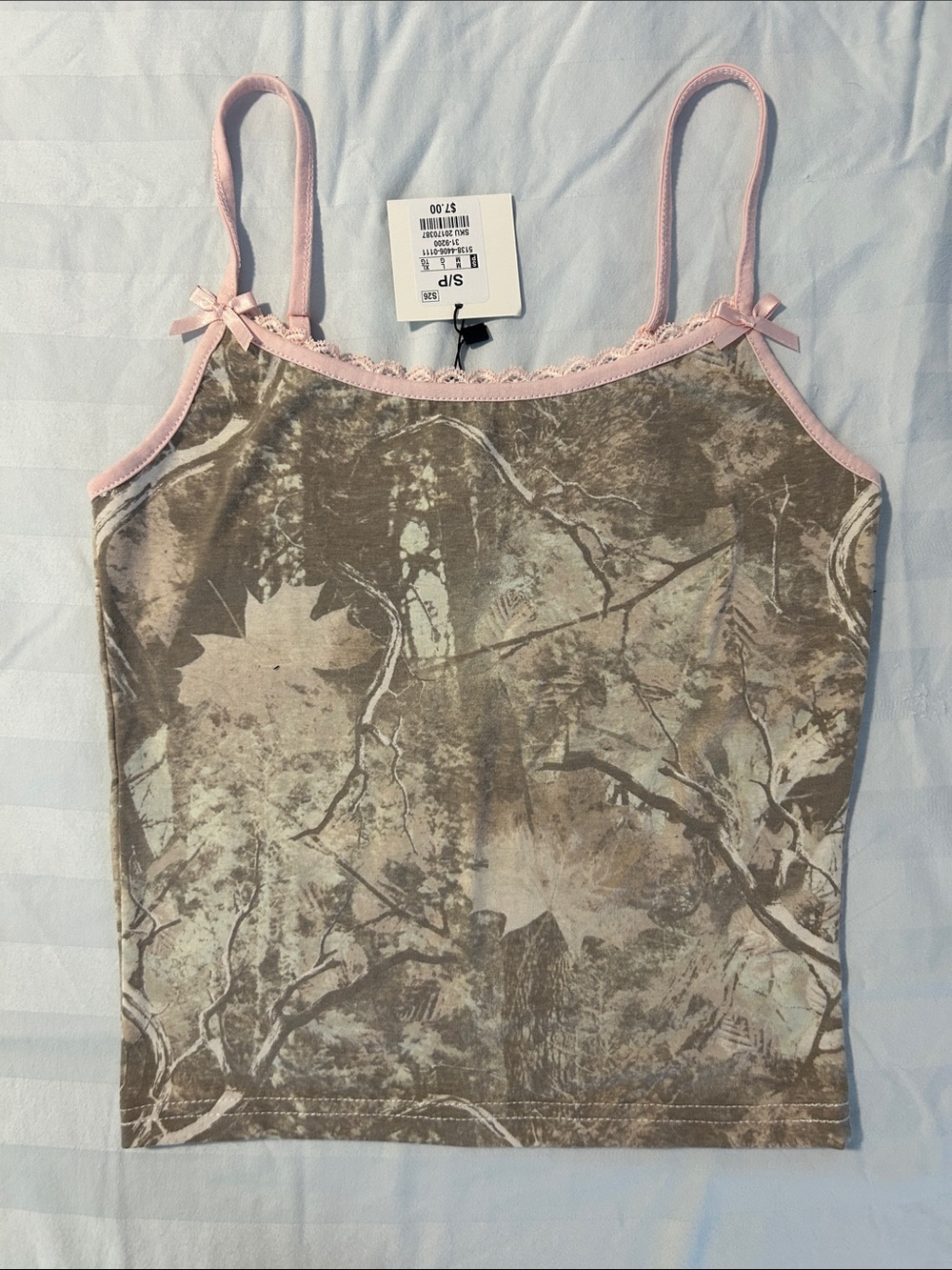 Camo-Print Spaghetti Strap Cami with Pink Trim